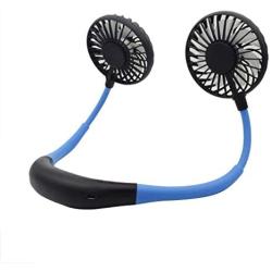 Portable Sports Neck Fan,USB Rechargeable 2000mAh Hands-Free Mini Fan, Pocket Fan, Travel Fan, Earphone Design Mini USB Fan,Wearable Necklance Fan with LED Double Wind Head (Blue)