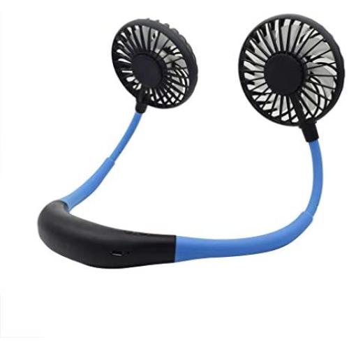 Portable Sports Neck Fan,USB Rechargeable 2000mAh Hands-Free Mini Fan, Pocket Fan, Travel Fan, Earphone Design Mini USB Fan,Wearable Necklance Fan with LED Double Wind Head (Blue)