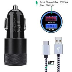 Quick Charge 3.0 Fast Car Charger Compatible Samsung Galaxy S20 Ultra S20+ S10e S10 S9 S8 Plus, Note 10 9 8, A30 A50, LG G5 G6 V20 V30, Moto G7, Car Phone Adapter + 6ft USB Type C Charging Cable Cord