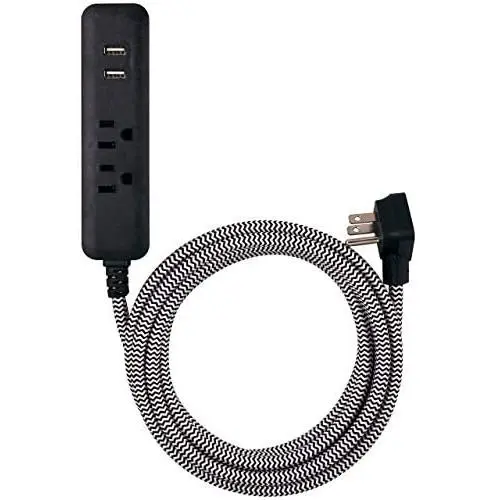 Cordinate Designer USB Charging Station Extension Cord, Power Strip Surge Protector, 2 Outlets, 2 USB Ports, Extra Long 10 ft Cable with Flat Plug, Braided Cord, 2.4A Fast Charge, Black/White, 41885 Cordinate Designer USB Charging Station Extension Cord, Power Strip Surge Protector, 2 Outlets, 2 USB Ports, Extra Long 10 ft Cable with Flat Plug, Braided Cord, 2.4A Fast Charge, Black/White, 41885