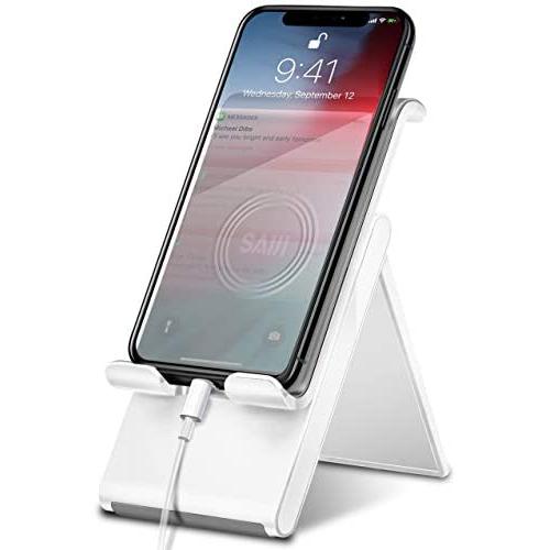 Adjustable Cell Phone Stand，SAIJI Foldable Desktop Phone Holder Cradle Dock for Office，Compatible with Phone 11 Pro xs xr x se 8，All Android Smartphones-White