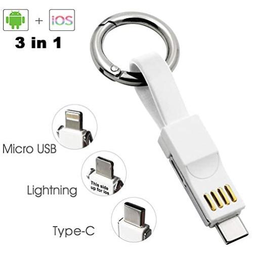 Keychain Charger Magnetic Portable Charging Cable 3 in 1 Multi Short Small Fast Charging Cord Compatible All Smartphones Smart Device (White)