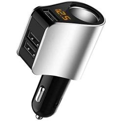 Car Charger Extension Cigarette Lighter Adapter,Socket Splitter with 3 USB and Voltage Meter,Compatible for iPhone 8/7/X/6S/XR,iPad,Samsung Galaxy S9/S8,iPad,GPS,Android Phone (Silver)