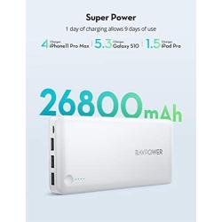 Portable Charger RAVPower 26800mAh Power Bank Battery Pack Total 5.5A Output External Battery 3 Ports Portable Phone Charger Compatible with iPhone 11 Pro Max SE iPad Samsung Galaxy S20 Note10 (White)