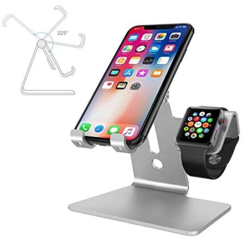 2 in 1 Phone Stand for Apple Watch, ENIBON Adjustable Phone Holder Charging Station Stand for iWatch and 3.5”-8” Smart Phones (Silver)