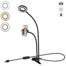 Tranesca Selfie Ring Light with Cell Phone Holder Stand for Live Stream/Makeup, LED Camera Lighting [3-Light Mode] with Flexible Arms Compatible with iPhone 8 7 6 Plus X Android (Black)