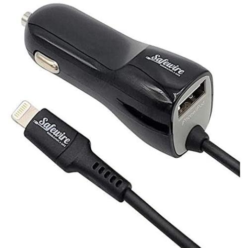 Apple Certified iPhone Car Charger - Ultra Durable 4ft Coiled Lightning Cable - 3.4 Amp Rapid Power - for iPhone 11 XS Max XR X 8 Plus 7 6S 6 SE 5S 5C 5 iPad Mini Air Pro iPod - Extra USB Port (Black)
