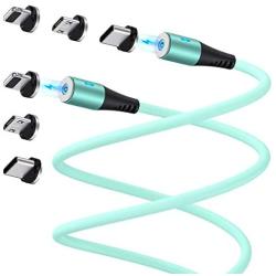 Melonboy Magnetic Charging Cable(2 Pack, 3.3ft/6.6ft), Soft & Tangle-Free Liquid Silicone Cable, 3 in 1 Magnetic Phone Charger Cable Compatible with Type-C, Micro USB and iProduct Devices - Cyan-Bule