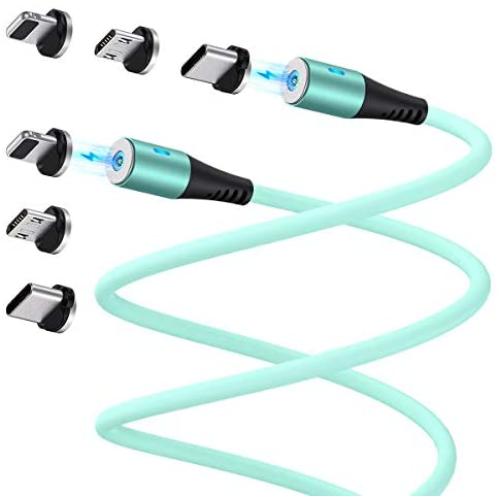 Melonboy Magnetic Charging Cable(2 Pack, 3.3ft/6.6ft), Soft & Tangle-Free Liquid Silicone Cable, 3 in 1 Magnetic Phone Charger Cable Compatible with Type-C, Micro USB and iProduct Devices - Cyan-Bule
