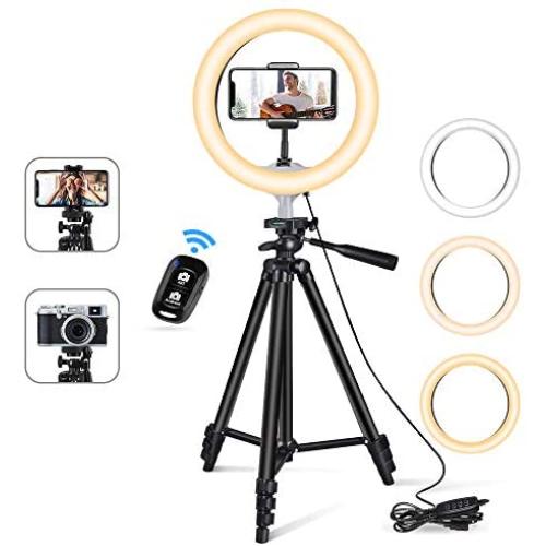 10" USB Selfie LED Ring Light with 50" Extendable Tripod Stand & Flexible Phone Holde for Live Stream/Makeup, Camera, YouTube Video Photography, Compatible with iPhone/Android