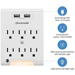 DEWENWILS Multi Outlet Adapter with 2 USB Charging Ports (3.1A total), Light Sensor LED Night Light, 6 Outlets Wall Plug Extender for Travel, Home, 1080Joules Surge Protector, ETL Listed, White