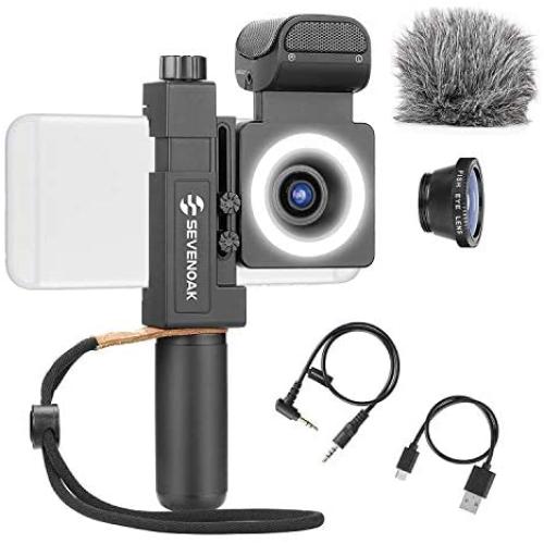 Movo SmartCine Complete Smartphone Video Rig with Built-in Stereo Microphone, LED Light, Wide-Angle and Fisheye Lenses - Youtuber Kit Compatible with iPhone/Android Phones - YouTube, Tik Tok Equipment