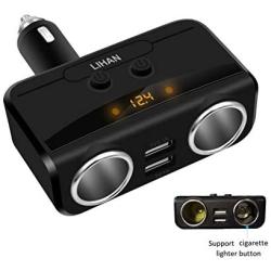 Car Charger Adapter, 2 Socket Cigarette Lighter Splitter, Dual USB Port with 12V,24V Voltage Display Compatible for iPhone,ipad,Tablet,Galaxy,HTC,LG