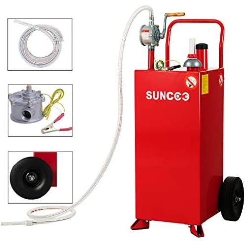 SUNCOO 30 Gallon Fuel Tank on Wheels, Portable Gas Caddy, Fuel Storage Tank with Pump, Long Kink Free Hose for ATVs, Cars, Mowers and Generators, Red