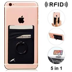 New 5-in-1 Cell Phone Wallet-Stick On Spandex Ring Card Holder Sleeve Back-Double-Pocket+Magnetic+Finger Grip Strap Loop+Kickstand+RFID Block ,Most of Smartphones (iPhone/Android/Samsung Galaxy)