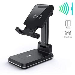 MEISO Wireless Charging Cell Phone Stand, Fully Foldable, Adjustable Phone Cradle,10W Max Qi-Enabled Wireless Charging Holder for iPhone 11/ES/MAX/XS/XR/X/8,AirPods/Pro,Samsung Galaxy S20/S10/S9/S8