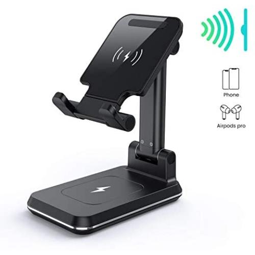 MEISO Wireless Charging Cell Phone Stand, Fully Foldable, Adjustable Phone Cradle,10W Max Qi-Enabled Wireless Charging Holder for iPhone 11/ES/MAX/XS/XR/X/8,AirPods/Pro,Samsung Galaxy S20/S10/S9/S8