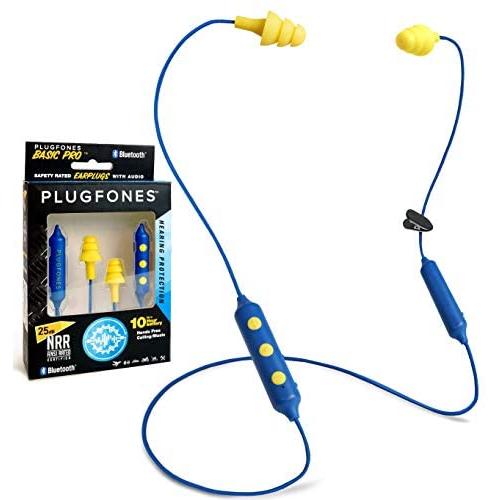 Plugfones Basic Pro Wireless Bluetooth in-Ear Earplug Earbuds - Noise Reduction Headphones with Noise Isolating Mic and Controls (Blue & Yellow)