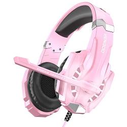 BENGOO Stereo Gaming Headset for PS4, PC, Xbox One Controller, Noise Cancelling Over Ear Headphones Mic, LED Light, Bass Surround, Soft Memory Earmuffs for Laptop Mac Nintendo Switch Games - Pink