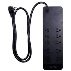 GE, Black, Strip Surge Protector Charger, 10 Outlets, 2 USB Ports, Fast Charge, Flat Plug, Long Power Cord, 4 Feet, Wall Mount, Warranty, 37746, 4 ft