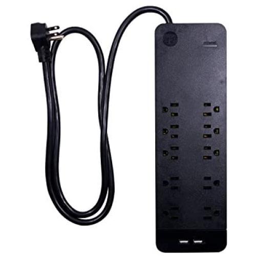 GE, Black, Strip Surge Protector Charger, 10 Outlets, 2 USB Ports, Fast Charge, Flat Plug, Long Power Cord, 4 Feet, Wall Mount, Warranty, 37746, 4 ft