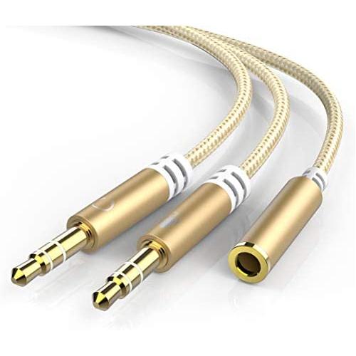 Headphone 3.5mm Splitter Mic Cable for Computer, KOOPAO Headset 3.5mm Female to 2 Dual Male Microphone Audio Stereo Jack Earphones Port to Gaming Speaker PC Adapter(Gold)