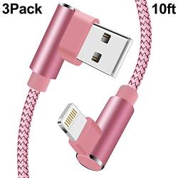 90 Degree iPhone Charger 10 FT Lightning Cable 3 Pack Right Angled Brided iPhone Charging & Syncing Cord for iPad/iPhone XS/Max/XR/X/8/7/6/iPod(Rose Gold,10ft)