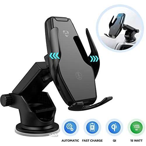 Wireless Car Charger 15W Qi Fast Charging Infrared Sensor Automatic Clamping Mount Windshield Dash Air Vent Holder Dual 3.0A Quick Charge USB Ports Compatible with iPhone Samsung Galaxy LG Smartphone