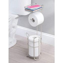 mDesign Freestanding Metal Wire Toilet Paper Roll Holder Stand and Dispenser with Storage Shelf for Cell, Mobile Phone - Bathroom Storage Organization - Holds 3 Mega Rolls - Satin