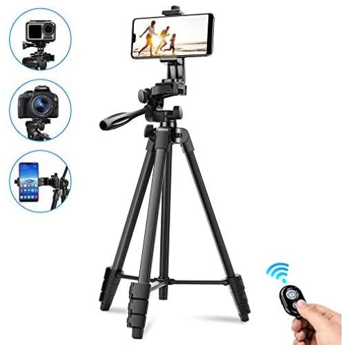 Phone Tripod,57" Extendable Travel Tripod Stand with Cell Phone Tripod Holder,Smartphone Remote Shutter,Compatible with iPhone/Android Phone,Camera,Gopro