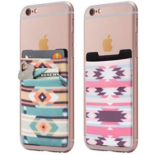 (Two) Stretchy Cell Phone Stick On Wallet Card Holder Phone Pocket for iPhone, Android and All Smartphones. (Aztec)