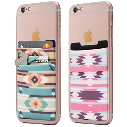 (Two) Stretchy Cell Phone Stick On Wallet Card Holder Phone Pocket for iPhone, Android and All Smartphones. (Aztec) (Two) Stretchy Cell Phone Stick On Wallet Card Holder Phone Pocket for iPhone, Android and All Smartphones. (Aztec)