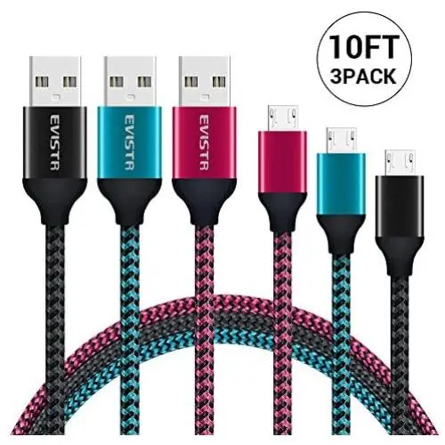 Cell Phone Micro USB Cable, EVISTR 3PACK 10FT Durable Nylon Braid Cell Phone Charging Cable USB 2.0 A Male to Micro B Sync Data Cable Cord Compatible with Samsung Note 5, 4, 3, Moto Android Phone Cell Phone Micro USB Cable, EVISTR 3PACK 10FT Durable Nylon Braid Cell Phone Charging Cable USB 2.0 A Male to Micro B Sync Data Cable Cord Compatible with Samsung Note 5, 4, 3, Moto Android Phone