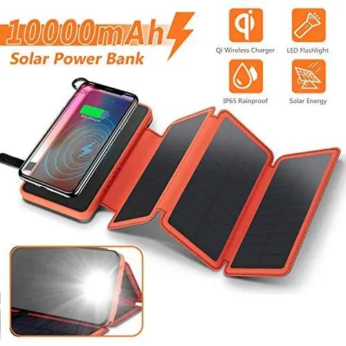 Solar Charger Wireless Power Bank,Waterproof Portable External Battery Pack 10000mAh with 3 Foldable Solar Panels,Flashlight,IP65,Dual 5V/2.1A USB Ports,for Smartphones, Tablets and more(Orange) Solar Charger Wireless Power Bank,Waterproof Portable External Battery Pack 10000mAh with 3 Foldable Solar Panels,Flashlight,IP65,Dual 5V/2.1A USB Ports,for Smartphones, Tablets and more(Orange)