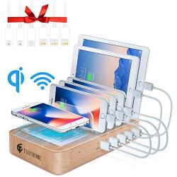 Fast Charging Station for Multiple Devices - Family Charge Docking Station&Organizer - 5 USB Port and 1 Qi Wireless Charging Pad - Compatible with iPhone iPad and Android Phone and Tablet