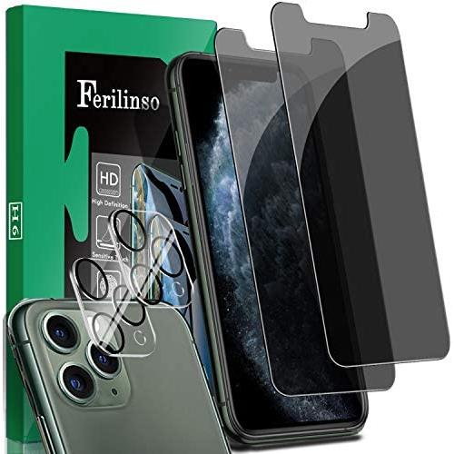 Ferilinso [4 Pack] 2 Pack Privacy Screen Protector + 2 Pack Camera Lens Protector for iPhone 11 Pro Max (6.5’’), Anti Glare/Spy/Scratch 9H Tempered Glass Film
