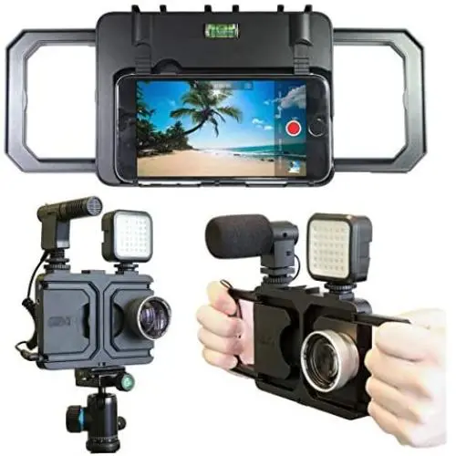 MegaMount Multimedia Rig Case Video stabilizer for Apple iPhone 8 and 7. Easily Attach Lenses, Lights, Microphones. Great for Video Recording. Mounts on Tripods and Monopods