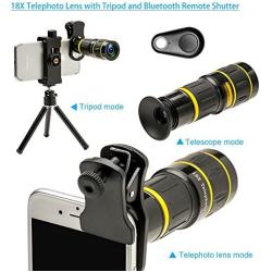 Godefa Cell Phone Camera Lens with Tripod+ Shutter Remote,6 in 1 18x Telephoto Zoom Lens/Wide Angle/Macro/Fisheye/Kaleidoscope/CPL, Clip-On lense Compatible for iPhone X 8 7 6s Plus, Samsung and More