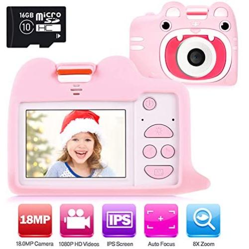 Ohuhu Kids Camera Toy with 2 Silicone Case, Girls Boys Camera with 16GB SD Card, 1080P HD 18.0MP Digital Video Camera Recorder Camcorder for Children Birthday Valentine Gifts, 2" IPS Screen for 3+