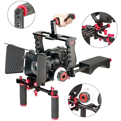 Aluminum Film Movie Kit System Rig Compatible with Canon/Nikon/Pentax/Sony and other DSLR Camera,includes:(1)Video Cage+(1)Top Handle Grip+(2)15mm Rod+(1)Matte Box+(1)Follow Focus+(1)Shoulder Rig