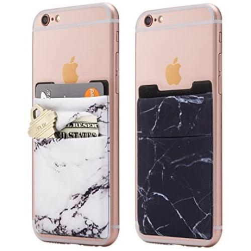 (Two) Stretchy Marble Cell Phone Stick On Wallet Card Holder Phone Pocket for iPhone, Android and All Smartphones. (Black/White)