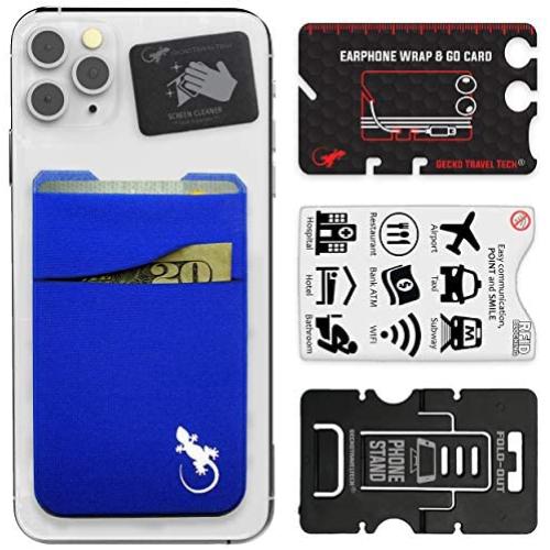 Double Pocket - Adhesive Card Holder - Cell Phone Pouch - Stick on Lycra Pocket - Carry Credit Cards and Cash (Blue)