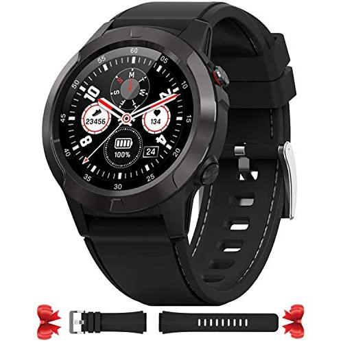 Smart Watch for Android Phones iOS, GPS Smartwatch for Men with Heart Rate and BP Monitor, Pedometer, Text Call Notification, Compass, Barometer, Altitude, Leather and Rubber Bands, Round Face, 2020