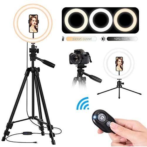 10 LED Selfie Ring Light with Tripod Stand and Phone Holder, TBJSM Dimmable Desktop Circle Light for Makeup/Photography/YouTube Video Shooting, Compatible with Phones and Cameras (2Pcs Tripod Stand)