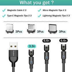 Magnetic Charging Cable [3-Pack,3ft/6ft/6ft], Oxyland 360°&180°Rotation Magnetic Phone Charger Cable, 3 in 1 Nylon Braided Cord Compatible with Mirco USB, Type C Smartphone and iProduct Device (Black)