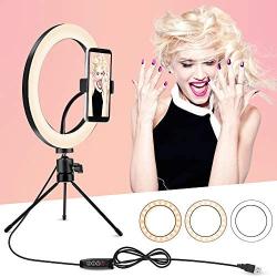 Ring Light with Tripod Stand and Phone Holder, 10 inch Desktop Circle Light with 3 Lighting Colors and 10 Brightness, Portable Halo Light for YouTube, Makeup, Live Streaming, Video Shooting