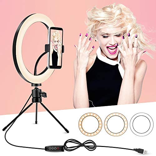 Ring Light with Tripod Stand and Phone Holder, 10 inch Desktop Circle Light with 3 Lighting Colors and 10 Brightness, Portable Halo Light for YouTube, Makeup, Live Streaming, Video Shooting