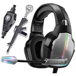 PS4 Headset PC Gaming Headset Stereo Surround Sound Over-Ear Gaming Headphones with Mic Breathing RGB Rainbow Light Noise Cancelling & Volume Control for Laptop (3.5mm Splitter Cable Included)