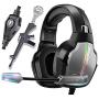 PS4 Headset PC Gaming Headset Stereo Surround Sound Over-Ear Gaming Headphones with Mic Breathing RGB Rainbow Light Noise Cancelling & Volume Control for Laptop (3.5mm Splitter Cable Included)