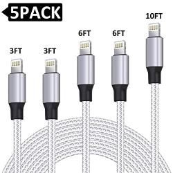 iPhone Charger,HOVAMP MFi Certified Lightning Cable 5 Pack(3+3+6+6+10ft) Durable High-Speed Charger Nylon Braided Cord Compatible iPhone Xs/Max/XR/X/8/8Plus and More